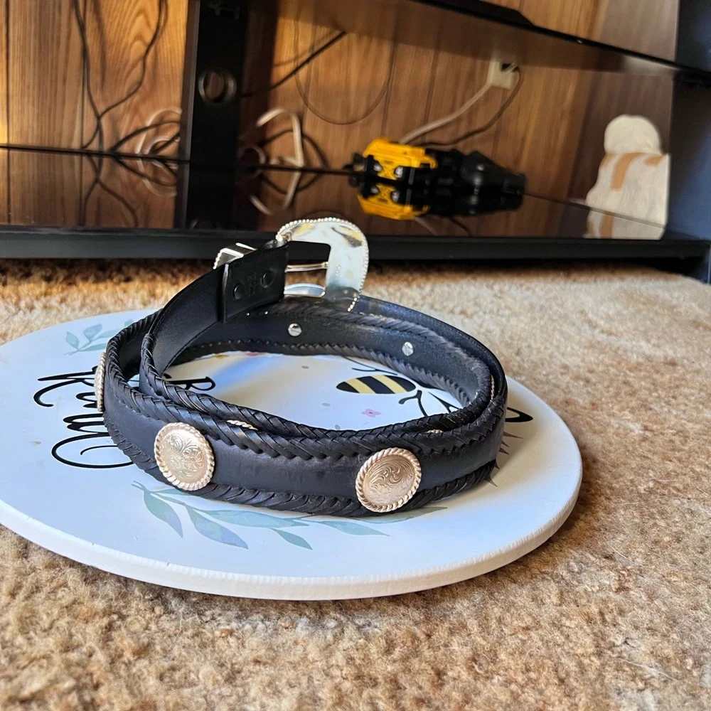 Women’s genuine black leather western belt with a gold-toned buckle and conchos. - Picture 15 of 17